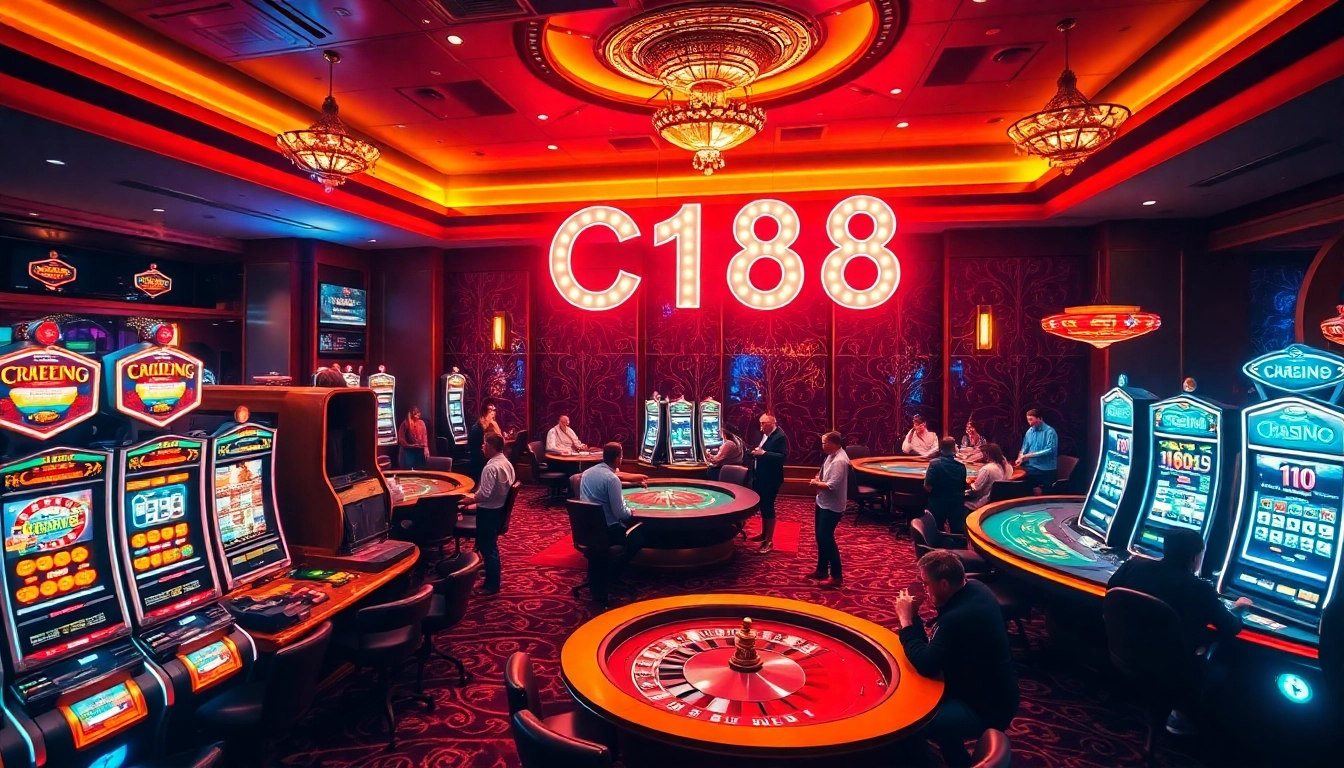 C168 casino scene with players celebrating wins at vibrant slot machines and roulette tables.