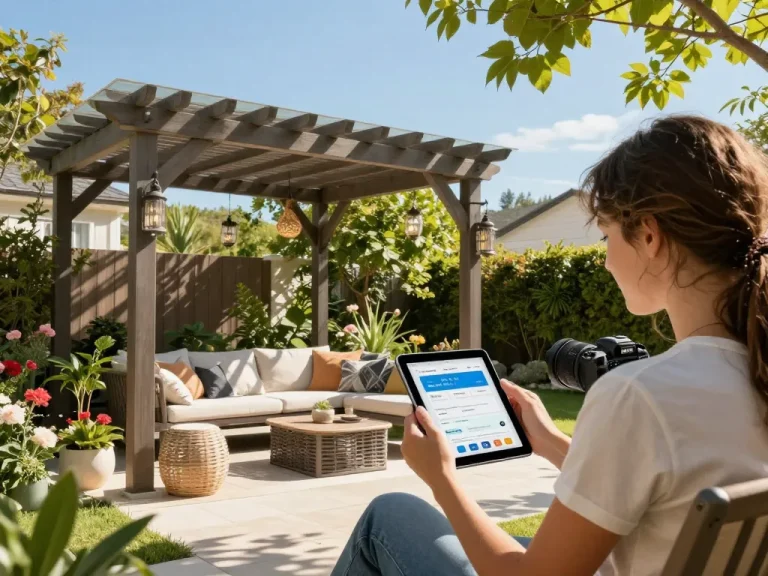 Interactive online pergola configurator in use to create a custom backyard design.