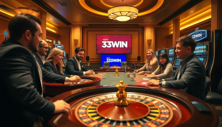 Players enjoying high-stakes games at 33WIN casino, featuring vibrant slot machines and a roulette wheel.