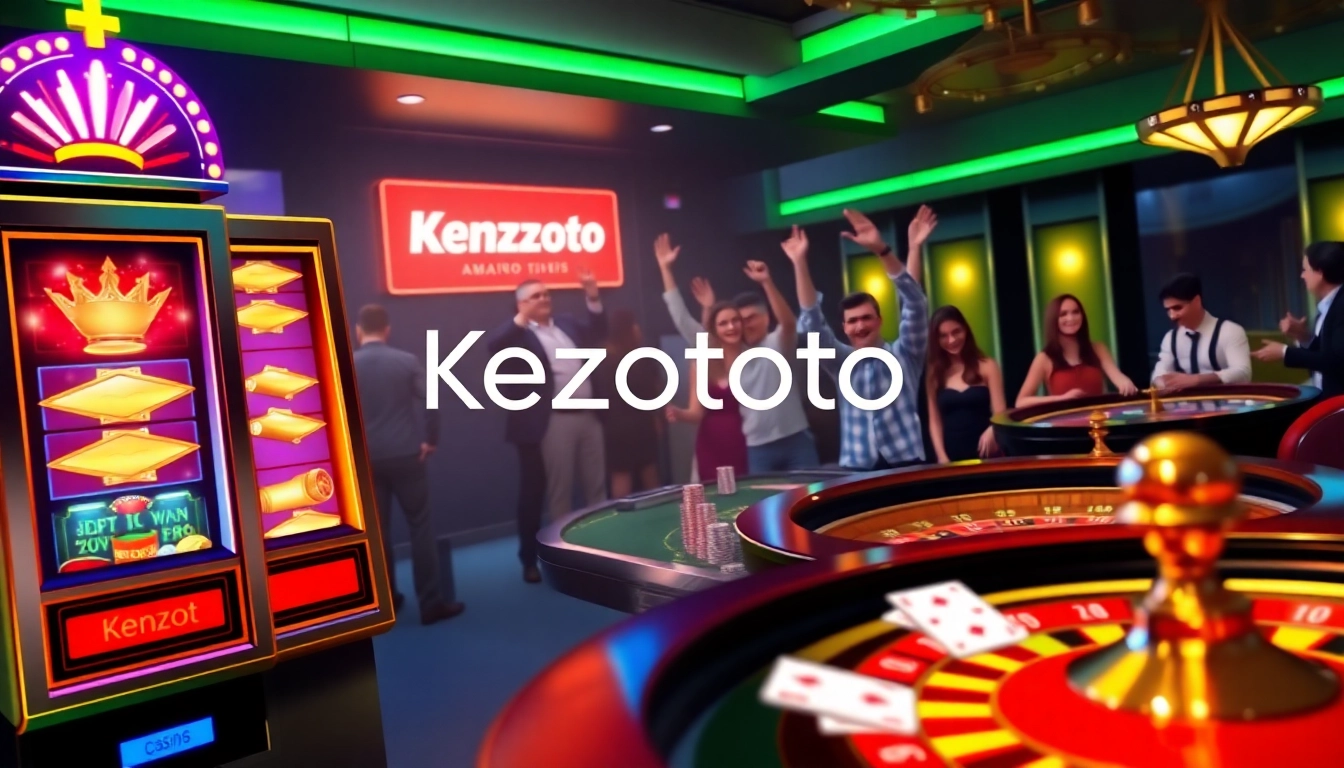Kenzototo gaming interface with vibrant slot machine and excited players celebrating wins