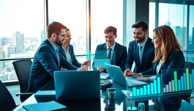 Engaged professionals collaborating on competitive intelligence faqs with data visuals.