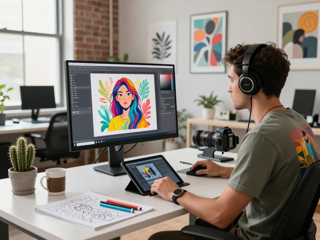 Creative workspace showcasing an artist generating AI art with an 'image to prompt' focus, vibrant colors and urban style.