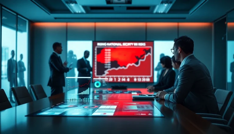 Discussing National Security Risk during a strategic meeting with data presentations.