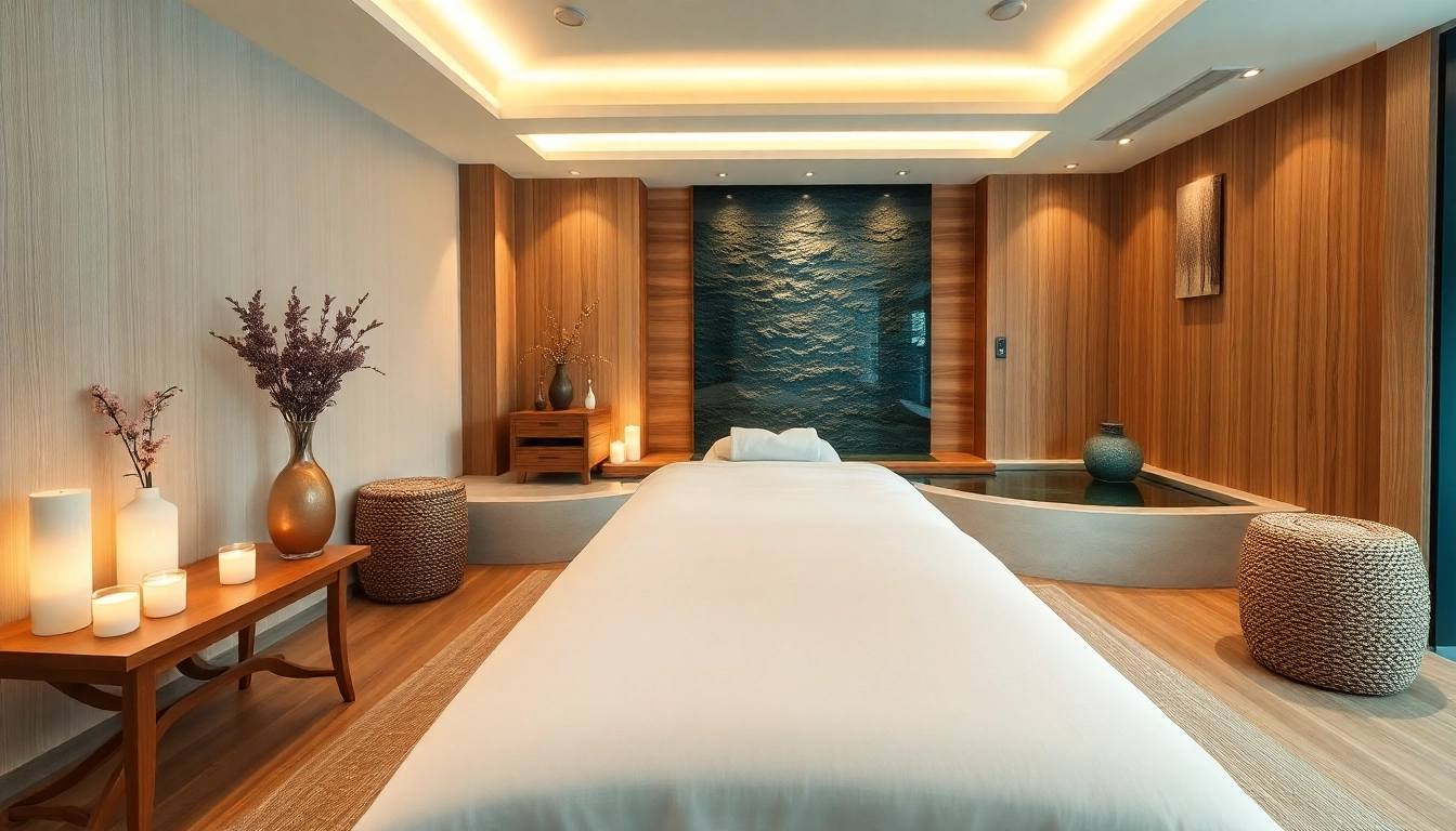 편안한 경험을 위한 아로마 오일과 차분한 분위기의 마사지 치료실.