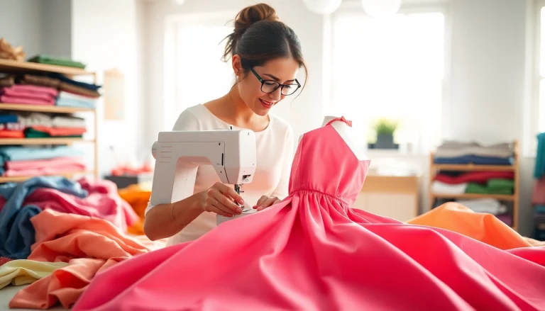 Koop stof voor jurk kopen in een creatieve naaiomgeving met kleurrijke stoffen.