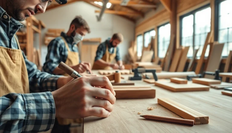 Engaging scene of a carpentry apprenticeship with craftsmen demonstrating woodworking skills.