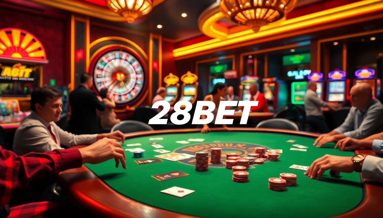 28BET casino players strategizing over poker chips and cards in a vibrant atmosphere.