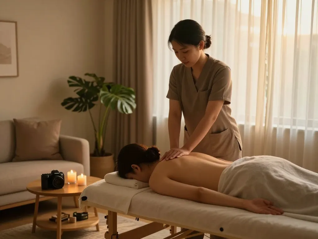 촛불과 편안한 조명이 있는 아늑한 집에서의 차분한 출장안마 세션