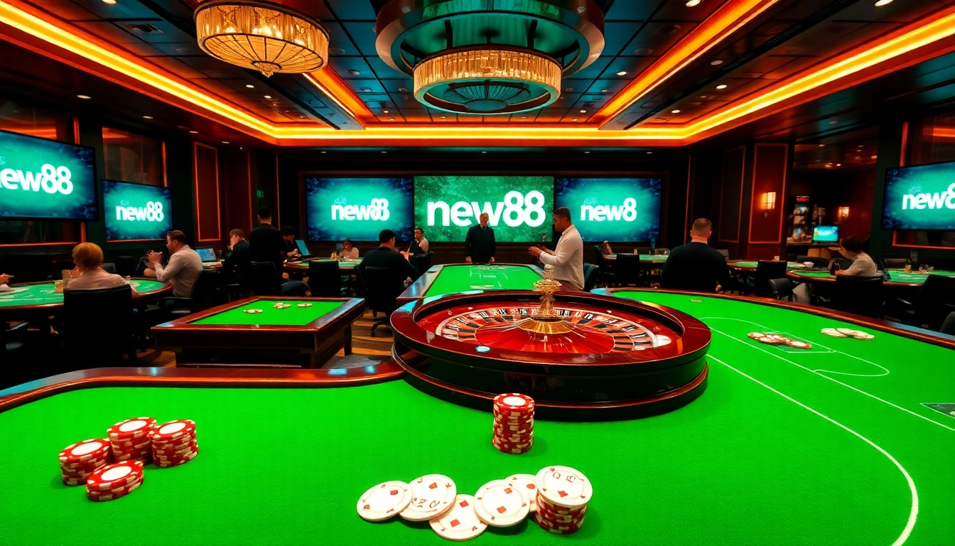 Players enjoying the thrill of online gambling with new88 at a luxurious casino table.