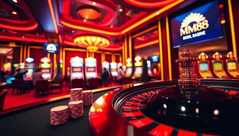 Engage in thrilling casino action at MM88 with vibrant slot machines and poker chips.