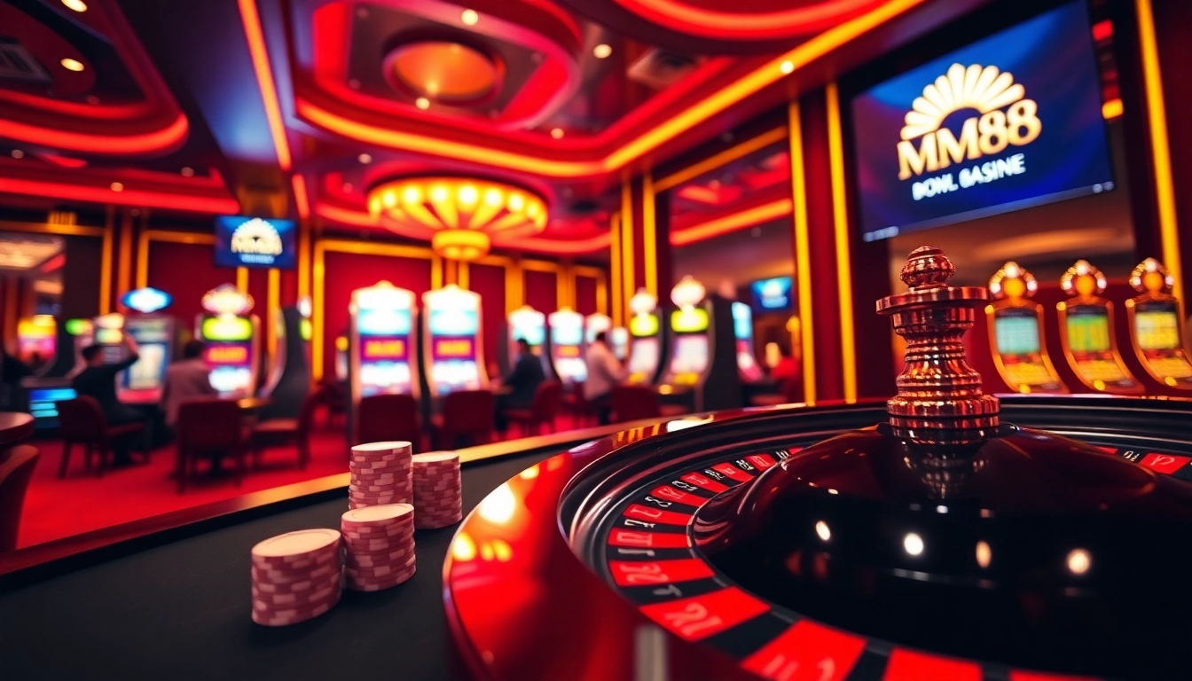Engage in thrilling casino action at MM88 with vibrant slot machines and poker chips.