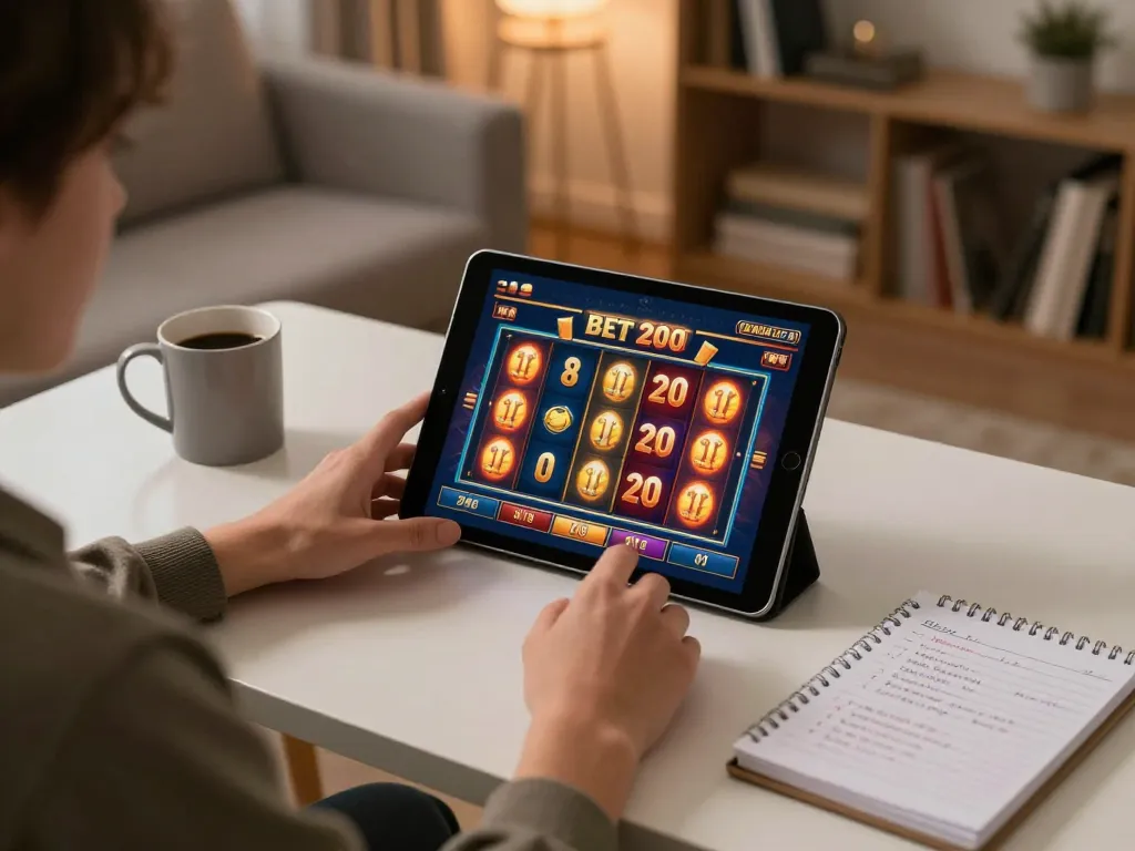 Player engaging with slot bet 200 on tablet, cozy home atmosphere, strategic gaming.