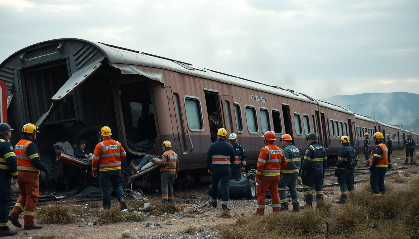 Responders working diligently at the scene of a spain train crash, assisting injured passengers.