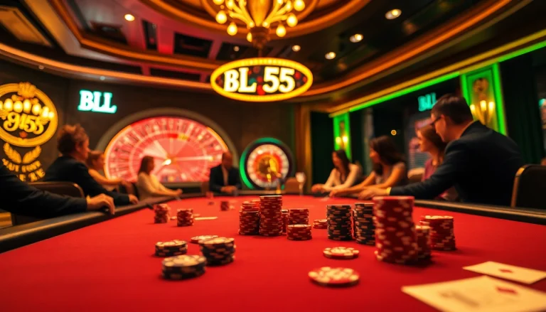 Players engage at a luxurious poker table adorned with BL555 branding, showcasing thrilling casino dynamics.