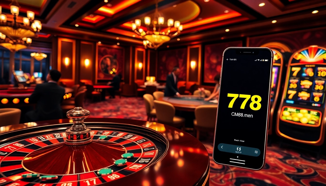 Exciting gambling action at CM88.men casino with a vibrant roulette wheel and eager players.