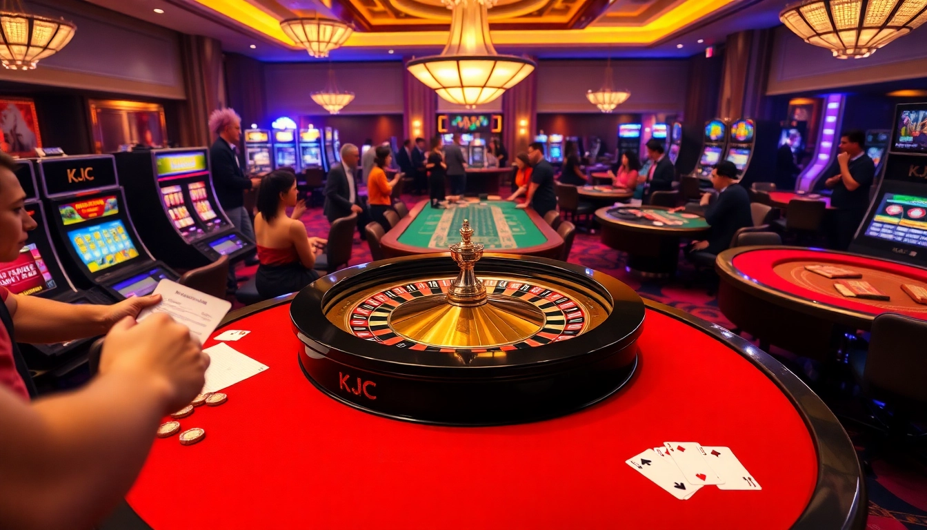 Gamblers enjoying a thrilling roulette game at KJC's lavish casino setting.