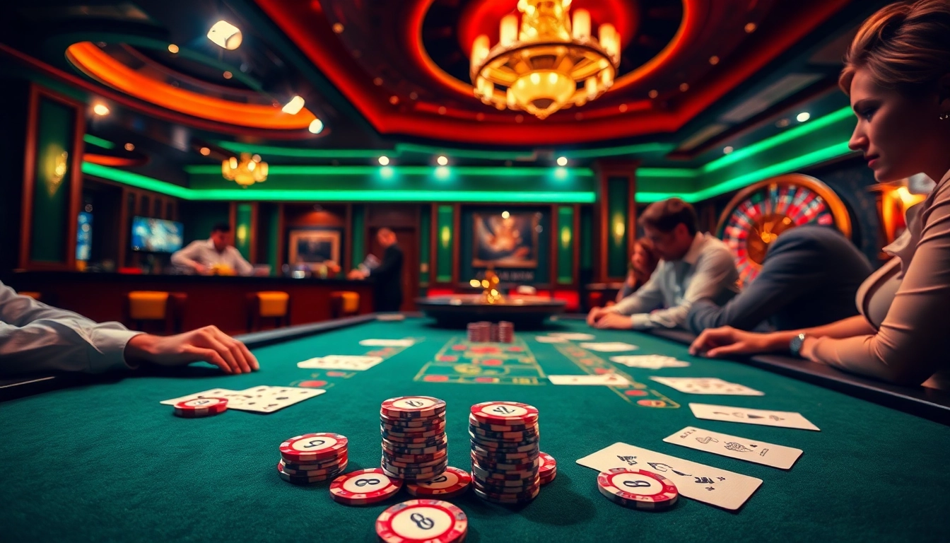 Experience the excitement of gaming at Jun88 with vibrant casino tables and engaged players.