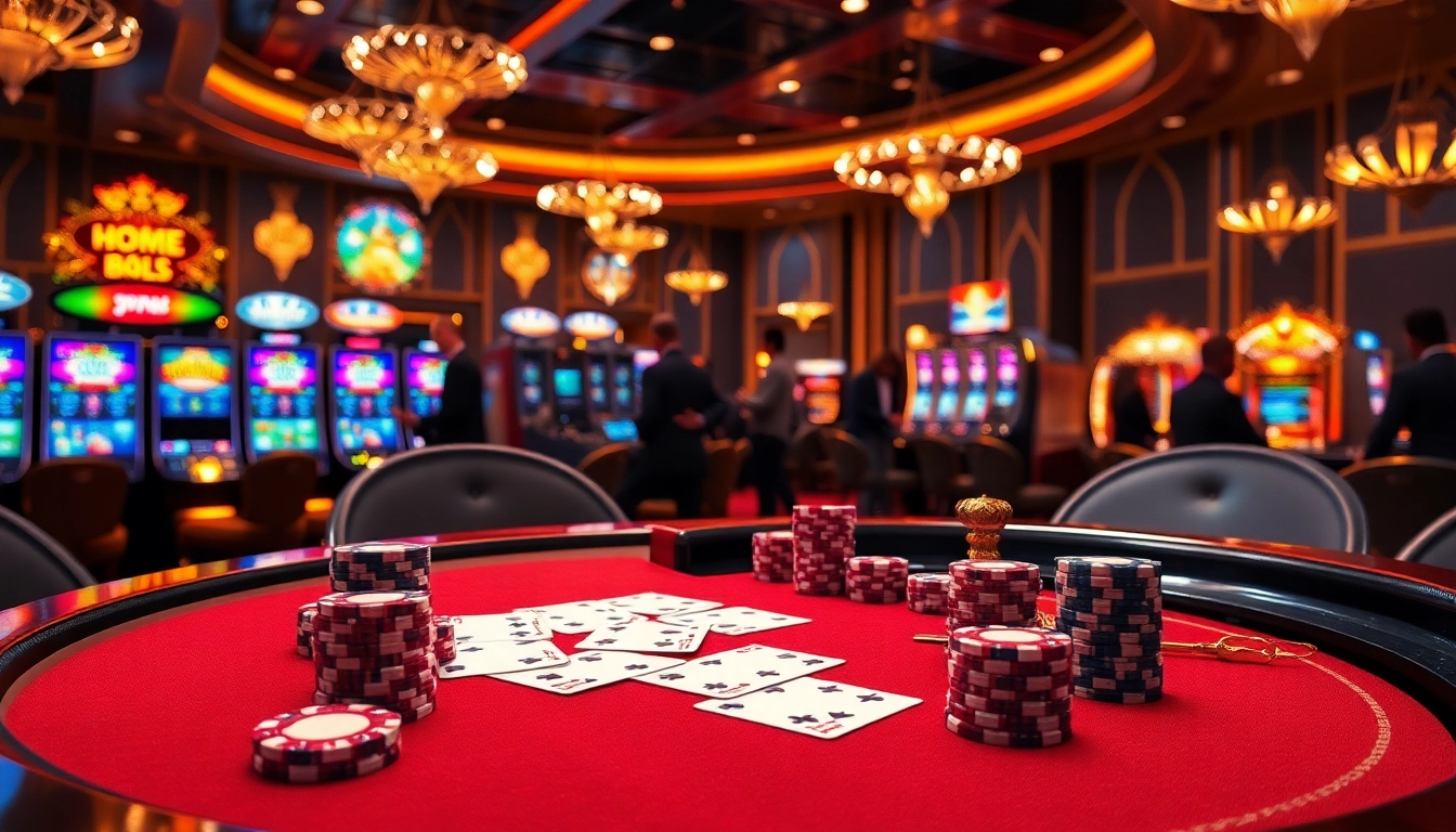 Experience thrilling gambling with KP88 at a luxurious casino poker table surrounded by vibrant slot machines.