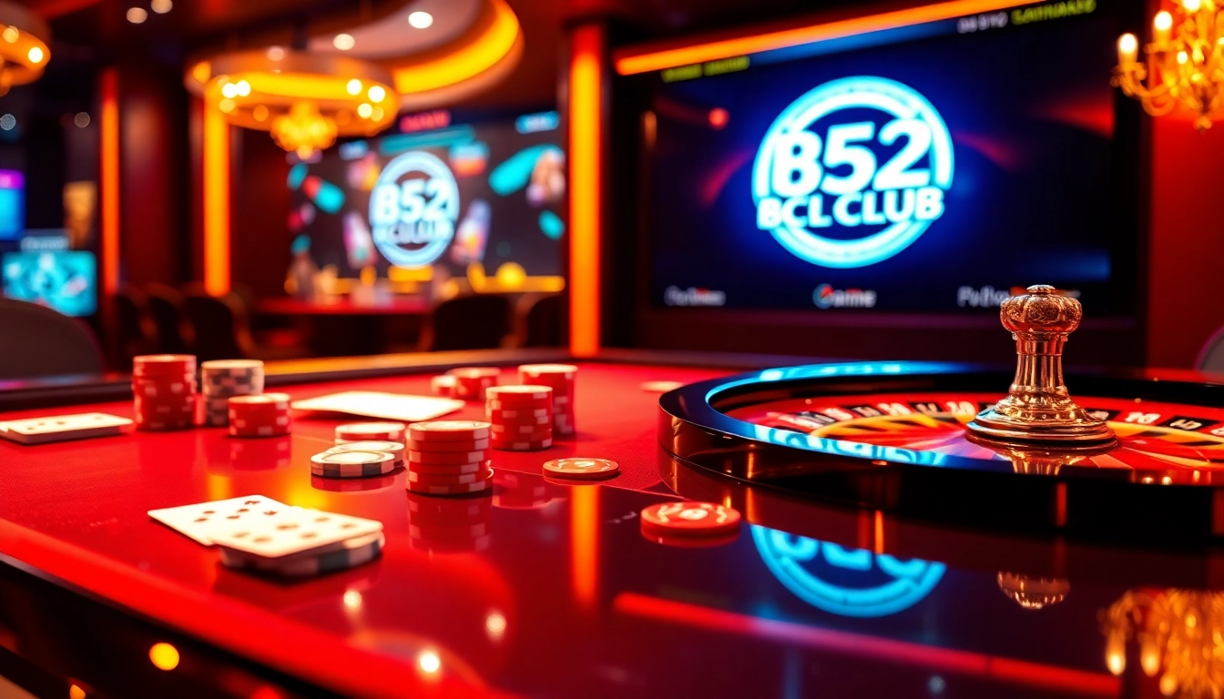 B52 CLUB players enjoying an exciting online gaming experience at a sleek casino table with vibrant decor.