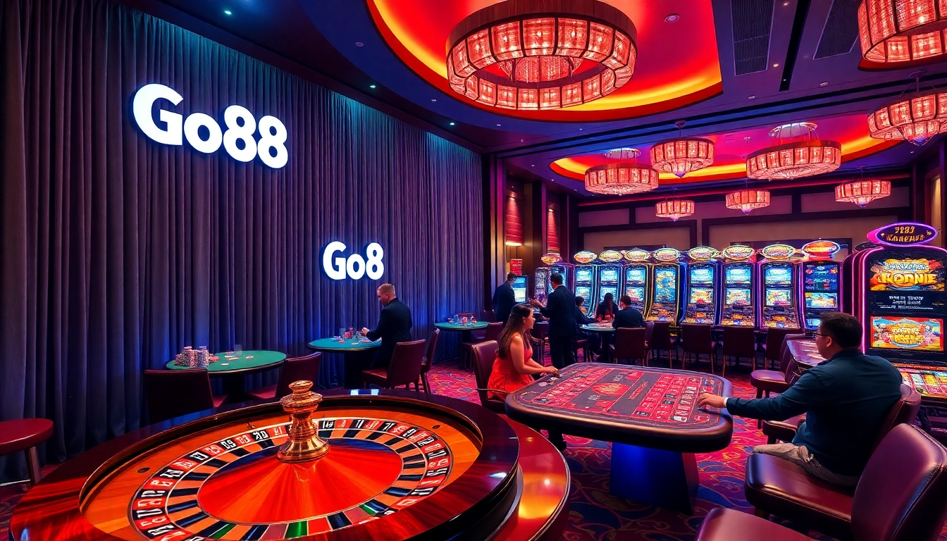 Engage with Go88's luxurious casino experience featuring roulette, poker and vibrant colors.