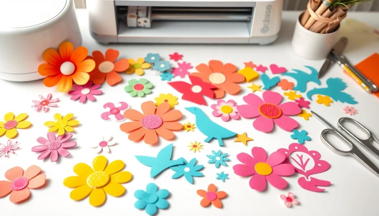 Cricut SVG designs displayed creatively on a craft table, featuring colorful cutouts and crafting tools.