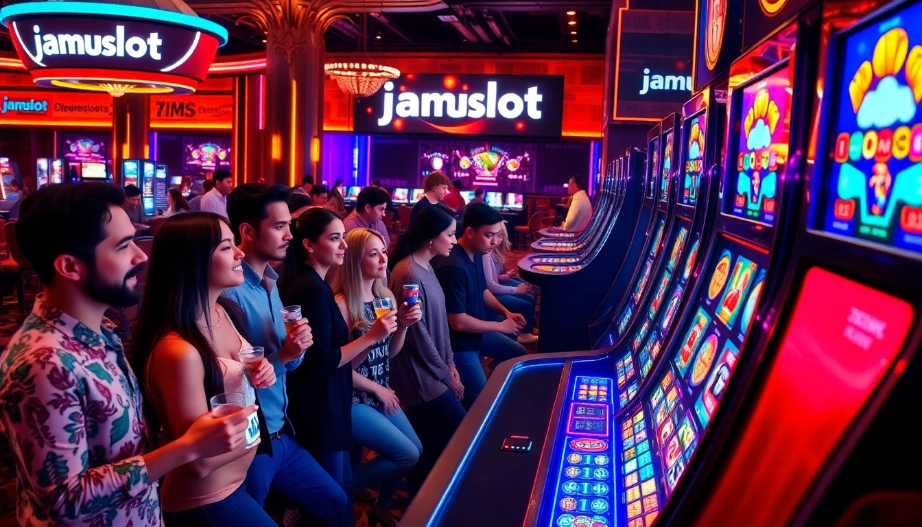 Engaged players enjoying the exciting jamuslot gaming experience at a vibrant casino.