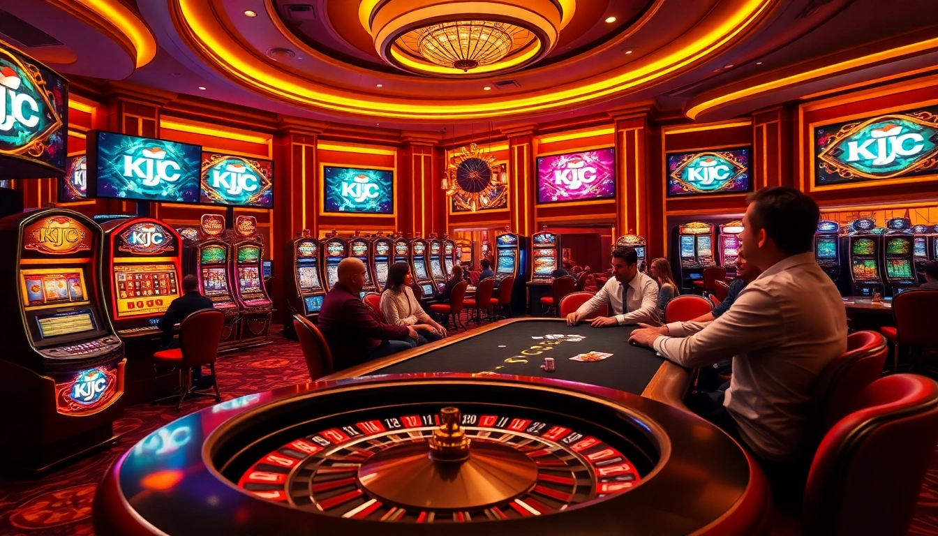 KJC poker players engaging in a high-stakes game surrounded by vibrant casino elements.