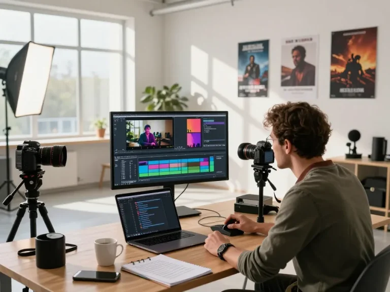 video to promptgenerator in a modern video production studio setting with AI editing software on display