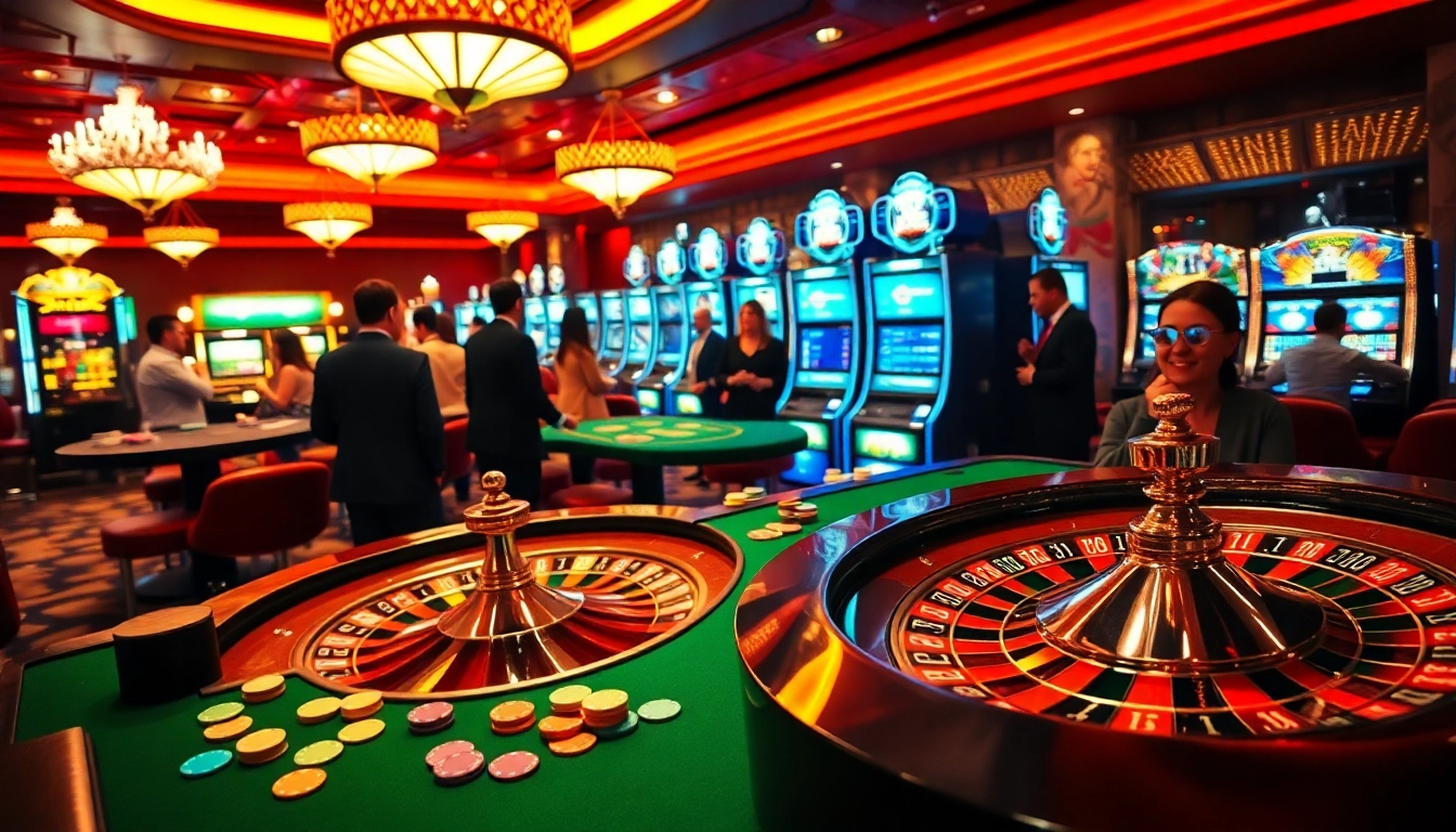 Players enjoying thrilling games at XN88 casino, with roulette and slot machines.