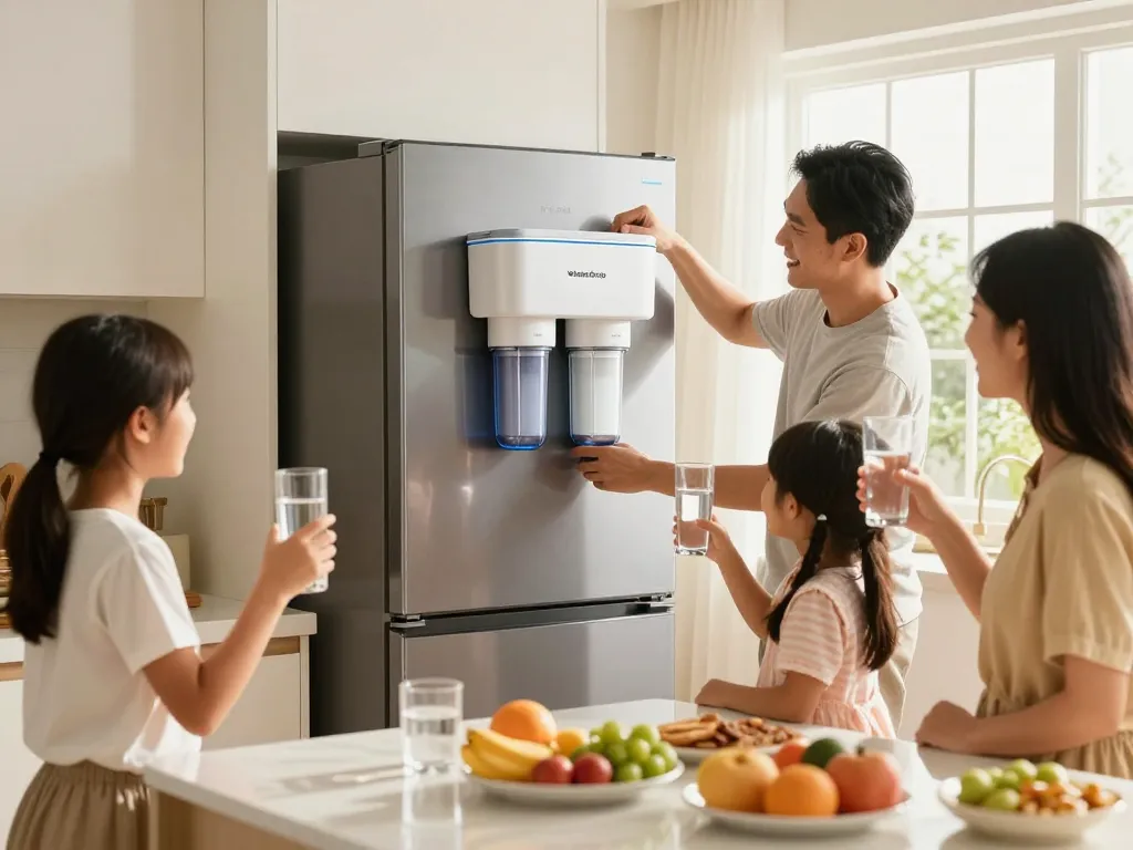 Family installing the Waterdrop UKF8001 Refrigerator Water Filter 4 in a bright kitchen, emphasizing healthy living.
