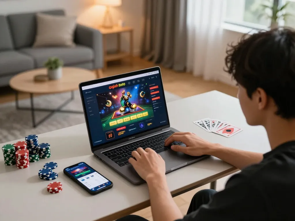 Person engaging with the gajah toto gaming platform on a laptop, showcasing a cozy gaming setup