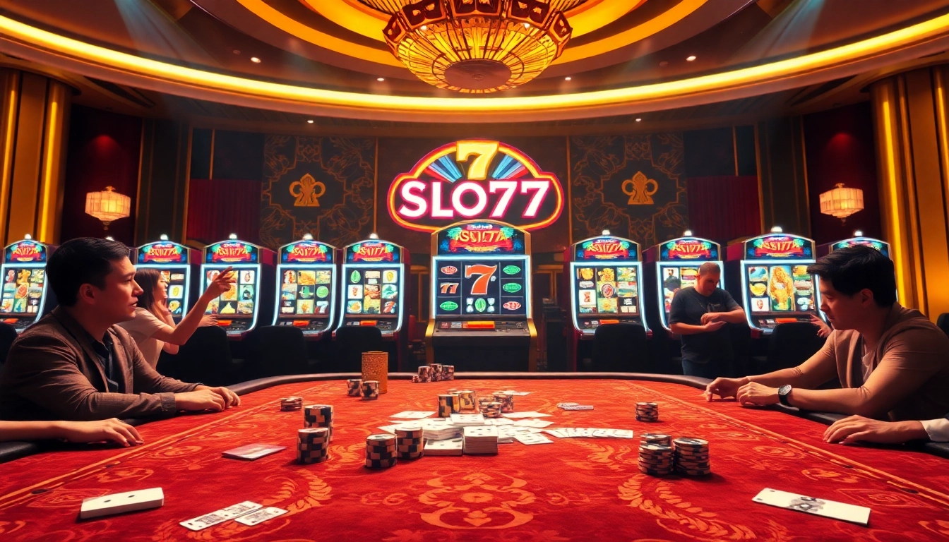 Players enjoying the excitement of slot777 slot machines in a vibrant casino setting.