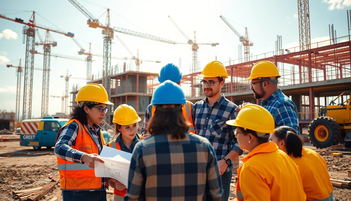 Engaged professionals collaborating in construction events at a lively building site.