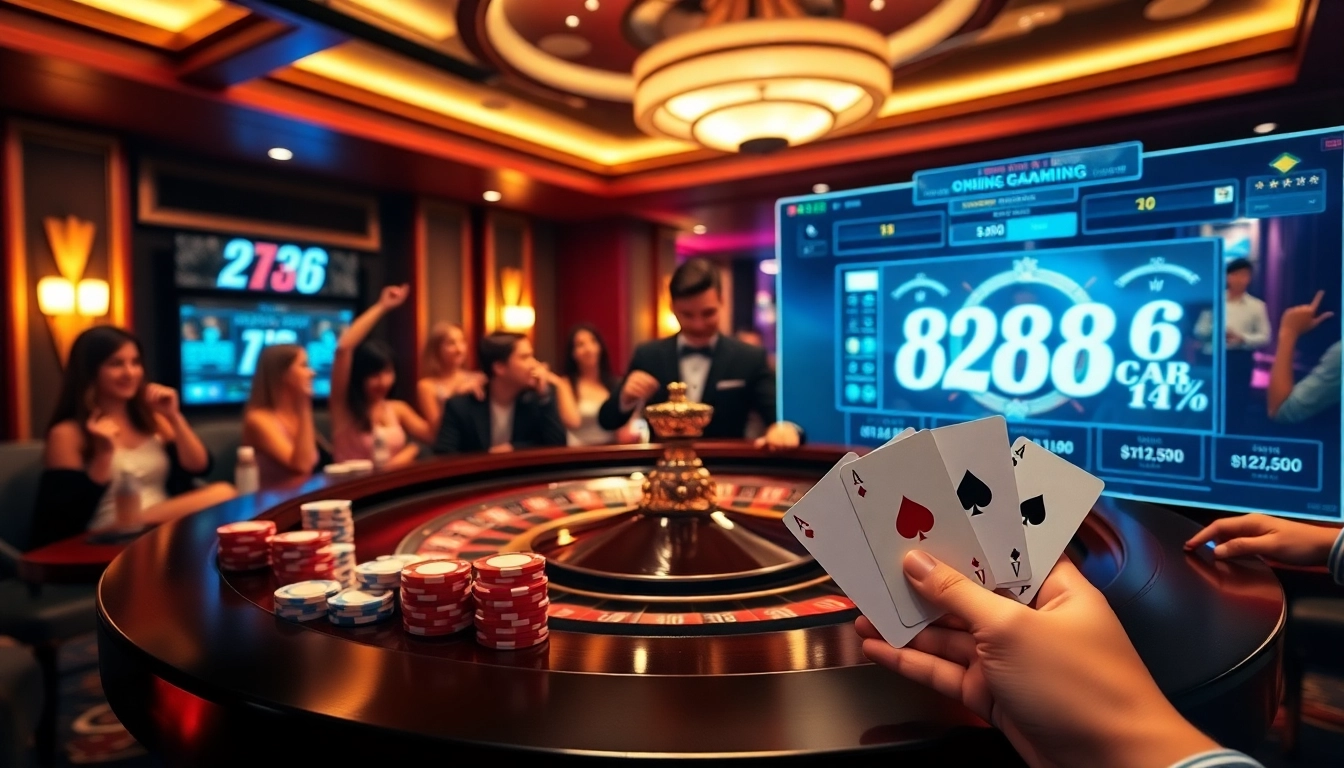 Players enjoying an exciting game at the roulette table on https://sky88sa.com/ with vibrant poker chips and cards.