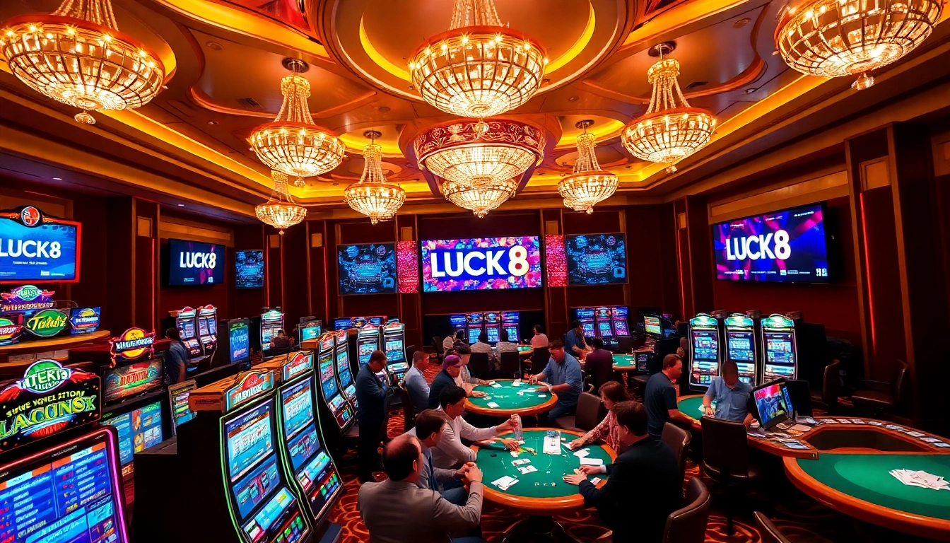 Experience the thrill of LUCK8 with vibrant slot machines and engaging table games in a luxury casino setting.