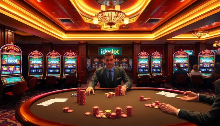 Players enjoying the excitement of idnslot at a luxurious casino with vibrant slot machines.