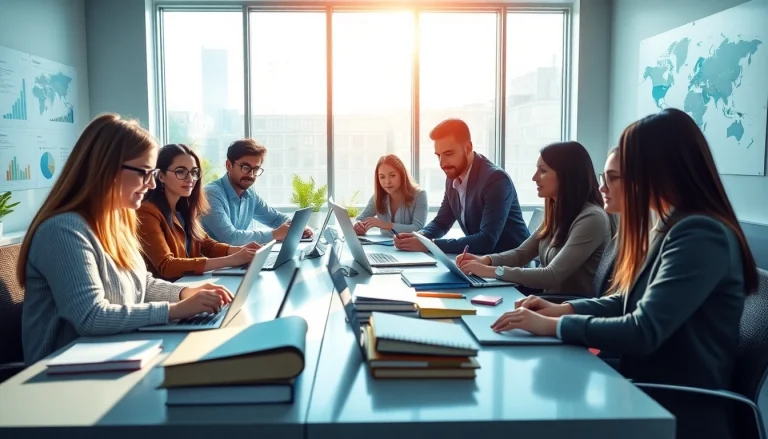 Innovative professionals collaborating on translation projects with 有道翻译 technology in a modern office.