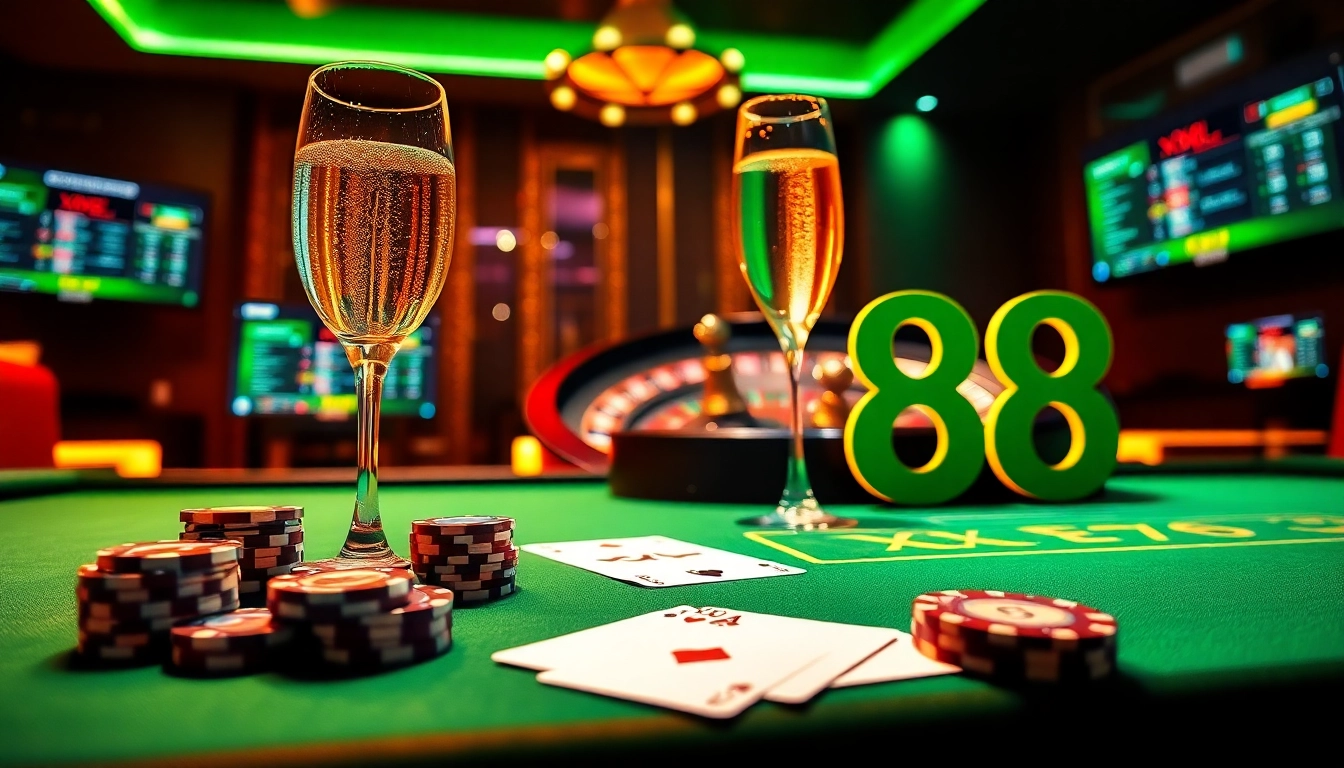 Experience thrilling gaming action at XX88's modern casino setting with poker and roulette.