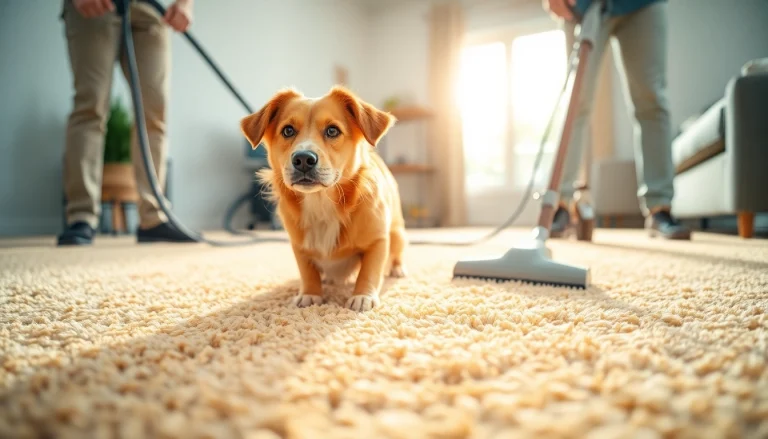 Pet odor carpet cleaning services in a bright living room with a dog, ensuring a fresh home.