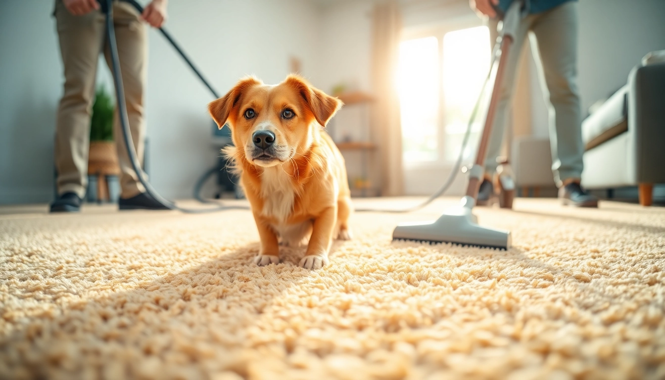 Pet odor carpet cleaning services in a bright living room with a dog, ensuring a fresh home.