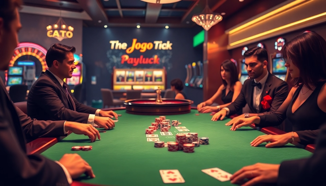 Exciting poker game at Jogoluck's luxurious casino setting with vibrant chips and cards.