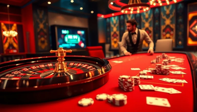 Explore RR99's vibrant online casino with dynamic roulette, poker chips, and an engaging dealer.