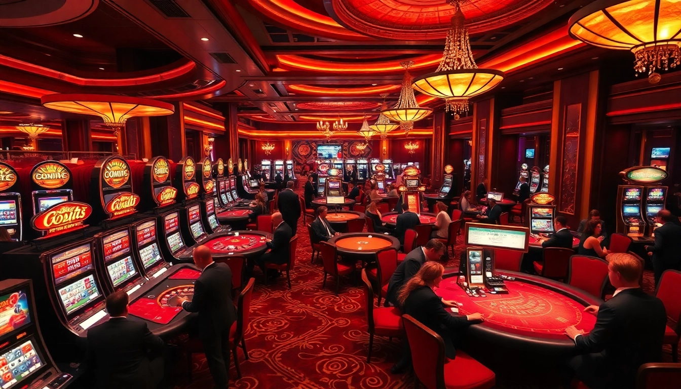 Players enjoying an exciting night at the gori77 casino, featuring vibrant slot machines and poker tables.