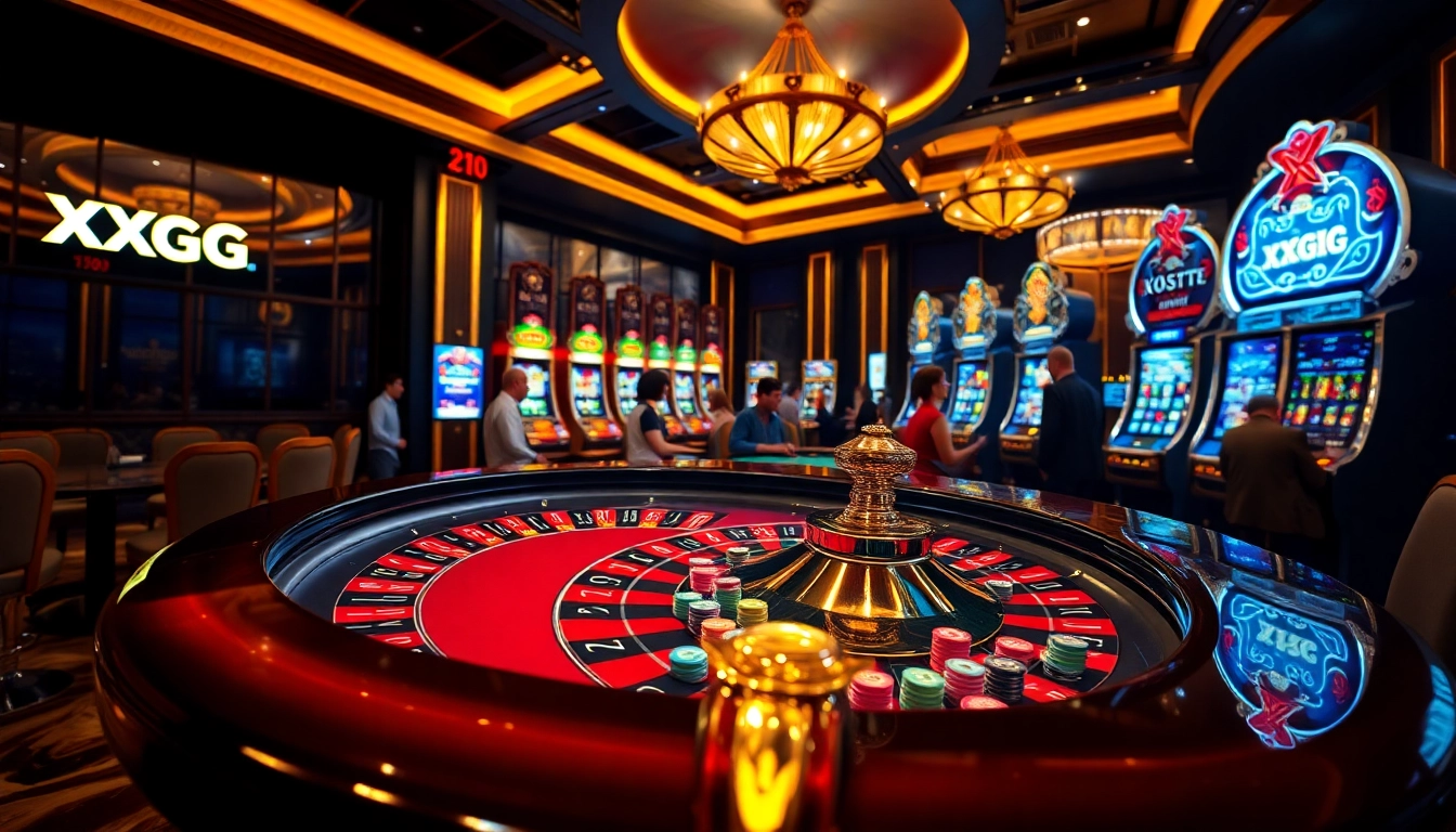 Exciting scene of online gambling with the XXGG logo, roulette table, and animated slot machines.