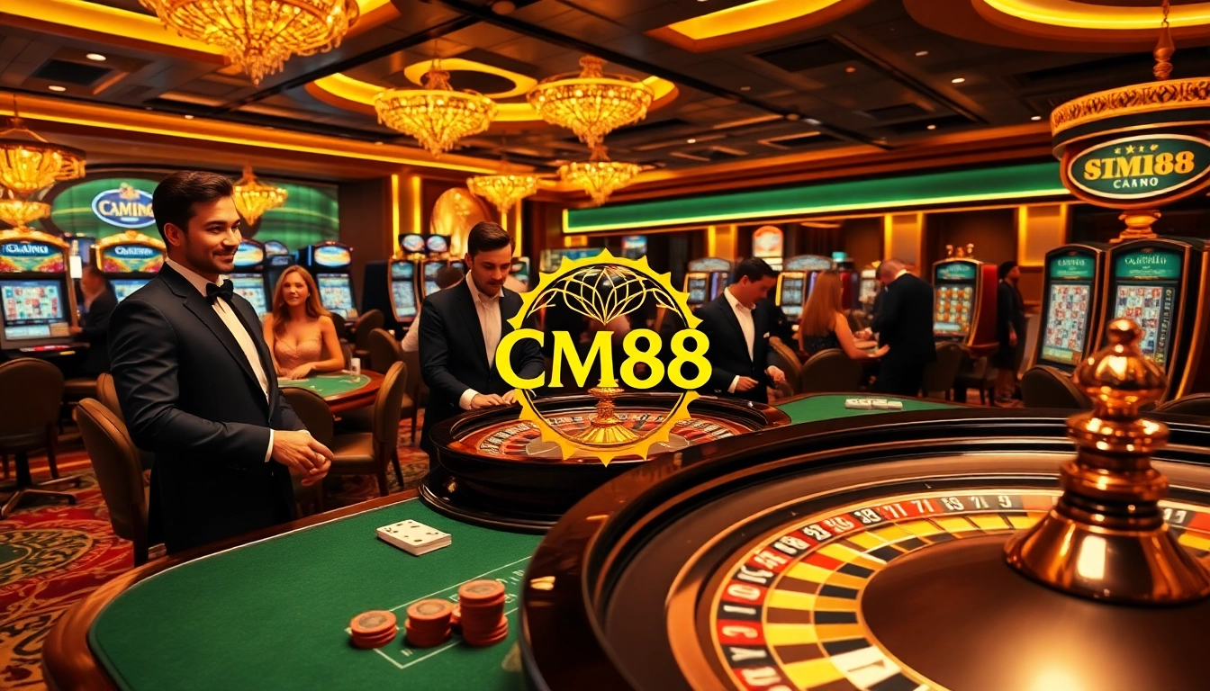 Players enjoy exciting gaming action at a casino table, CM88 logo elegantly displayed.