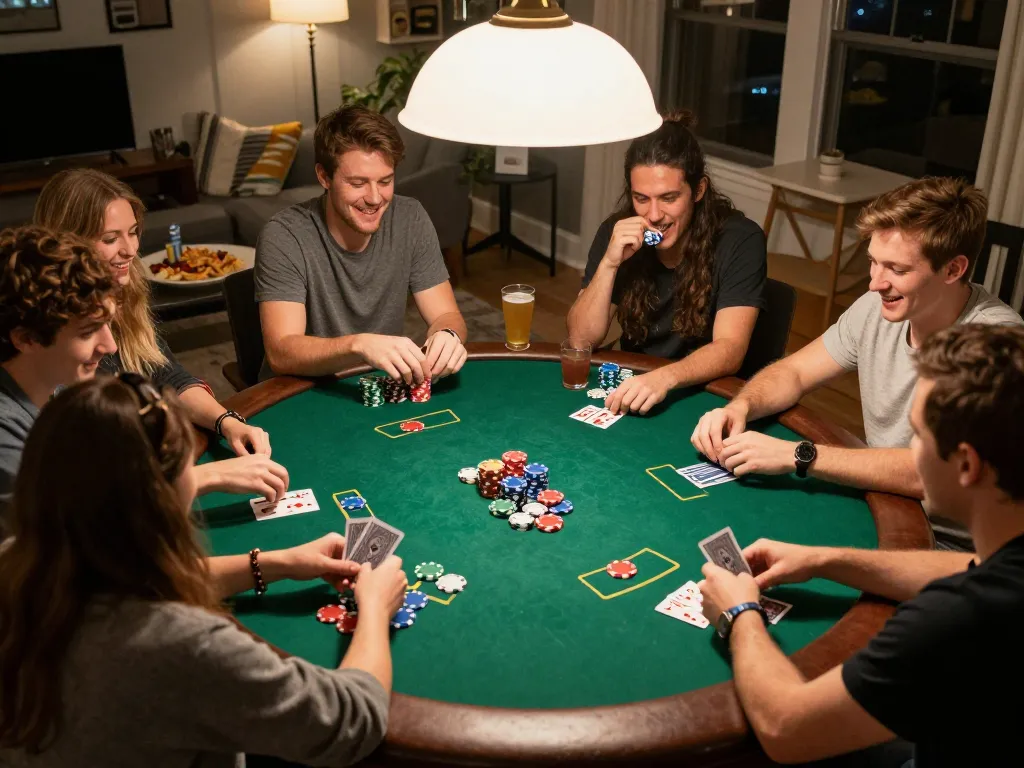 Friends enjoying poker at home, showcasing strategy and excitement in a game night setting with 28bet.