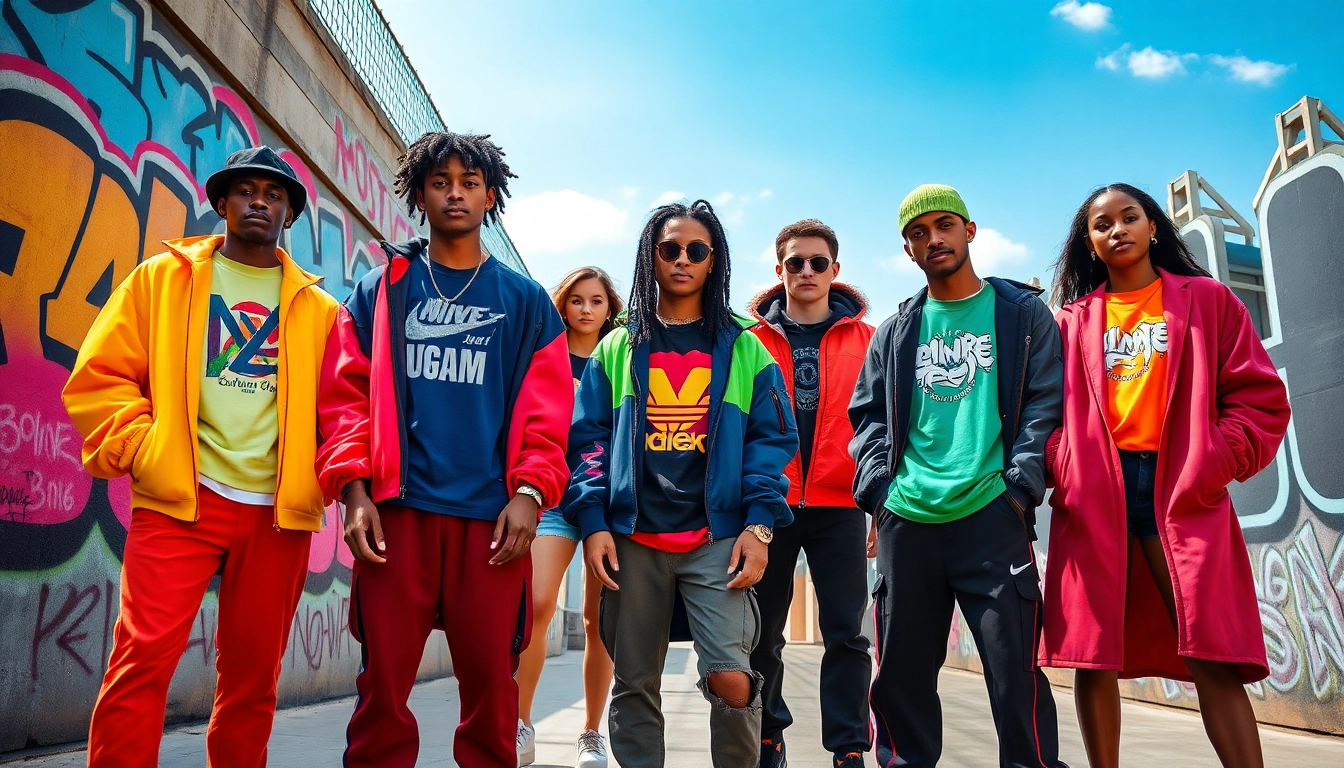 Vibrant streetwear clothing brands showcased by diverse models in an urban setting