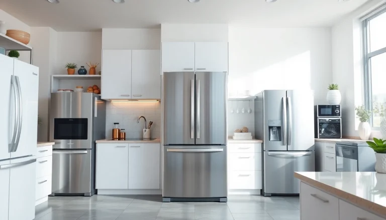 Explore top refrigerator sales with various models displayed in a bright kitchen setting.