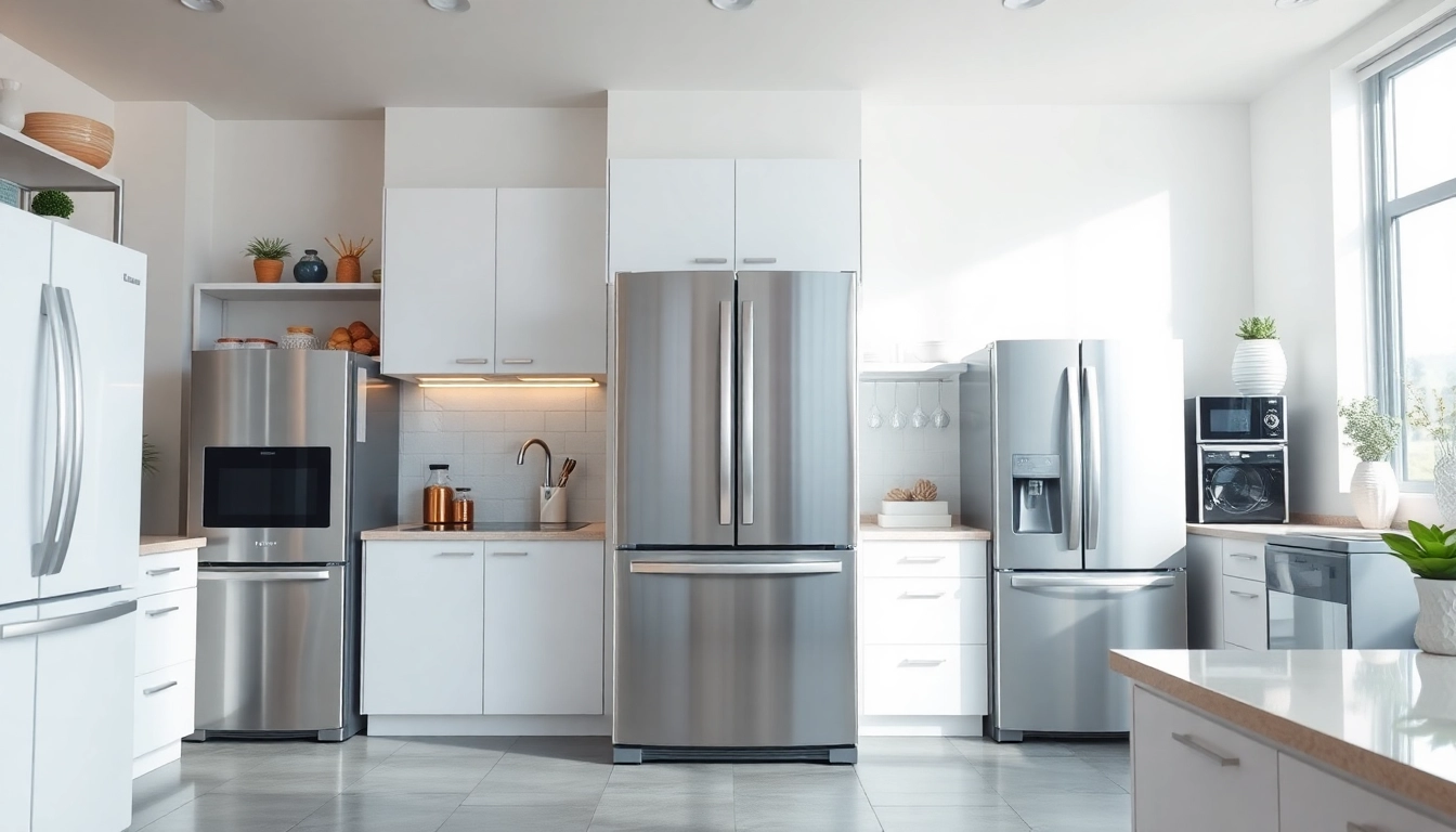 Explore top refrigerator sales with various models displayed in a bright kitchen setting.