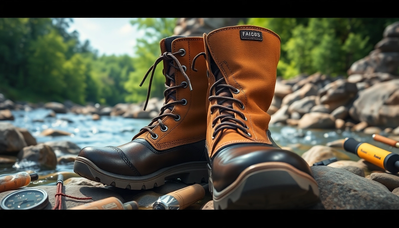 Showcase of fly fishing boots on a riverbank, highlighting their design and water resistance.